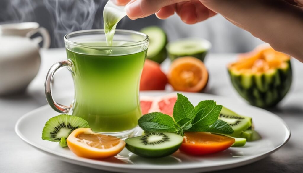 Cup of green tea on a table, shown as a best breakfast for weight loss zero-calorie drink.