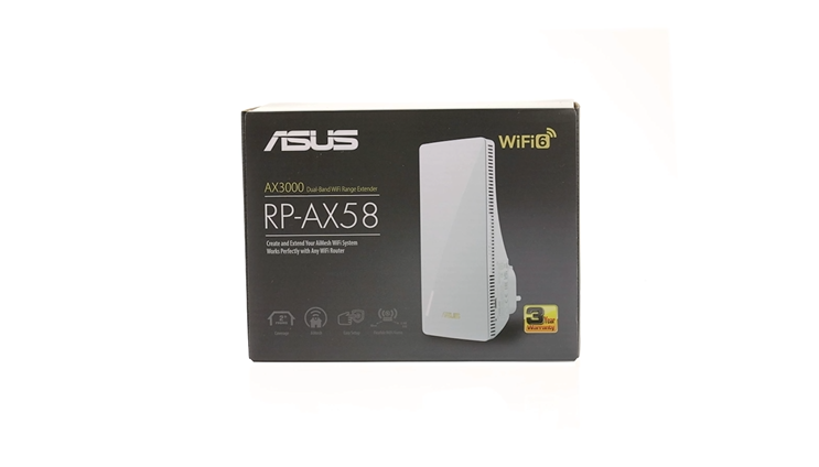 ASUS RP-AX58 WiFi 6 range extender plugged into a hallway outlet