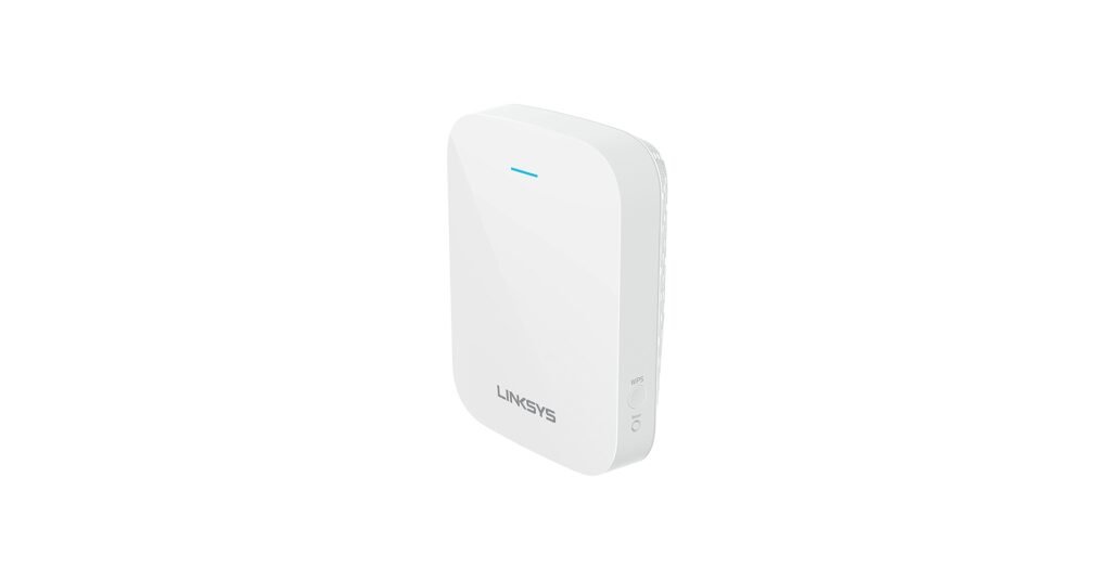 Linksys RE7310 dual-band WiFi 6 extender on a wall outlet