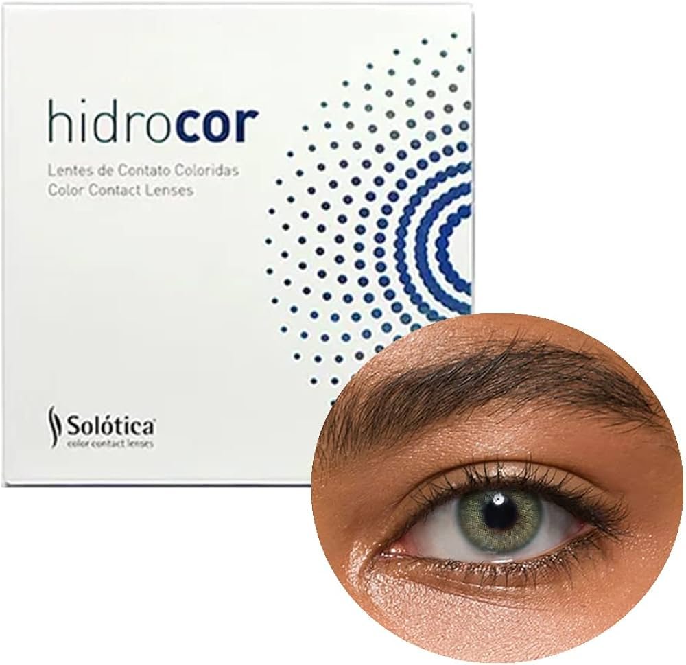Solotica Hidrocor Jade green colored contact lens on dark brown eyes