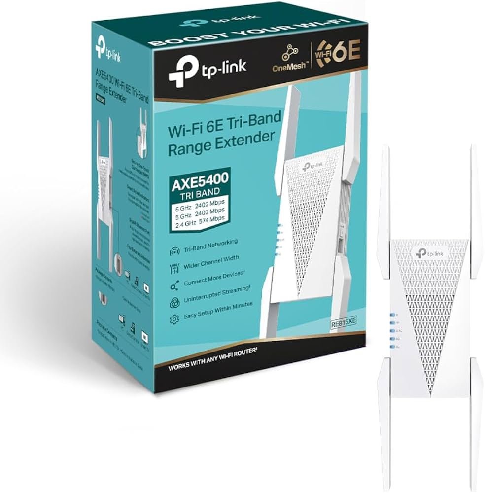 TP-Link RE815XE WiFi 6E range extender plugged into a wall outlet