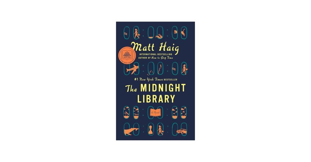 The Midnight Library by Matt Haig cover featuring dark blue background and glowing library design