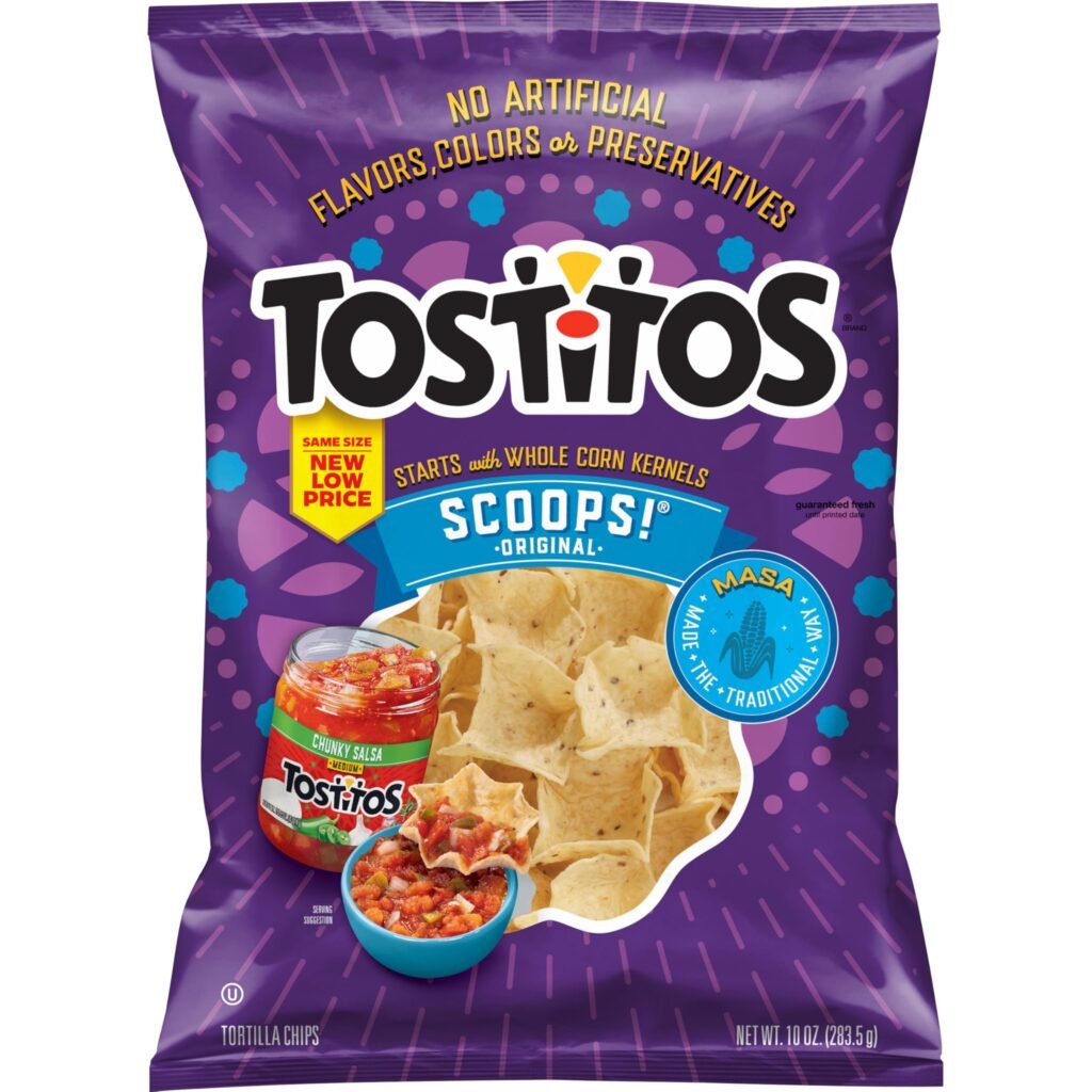Tostitos Scoops tortilla chips, scoop-shaped chips holding nacho cheese