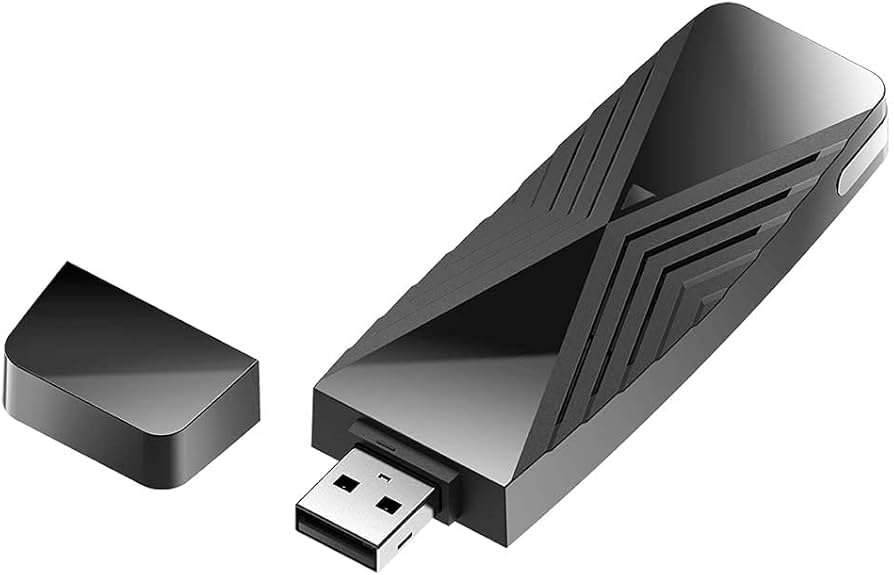 D-Link AE65U Wi-Fi 7 USB adapter with adjustable antennas and desk cradle