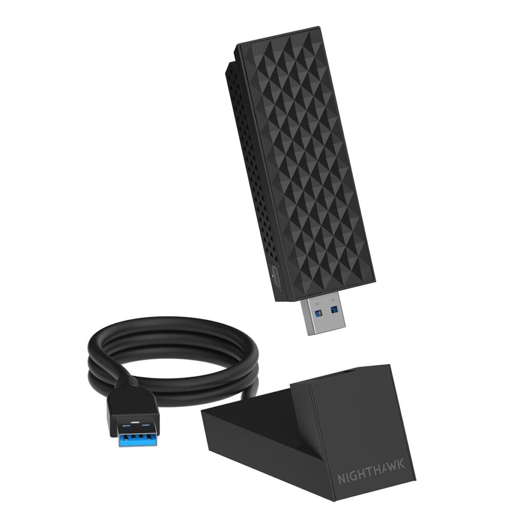 NETGEAR Nighthawk A9000 Wi-Fi 7 USB adapter with cradle and flip antenna