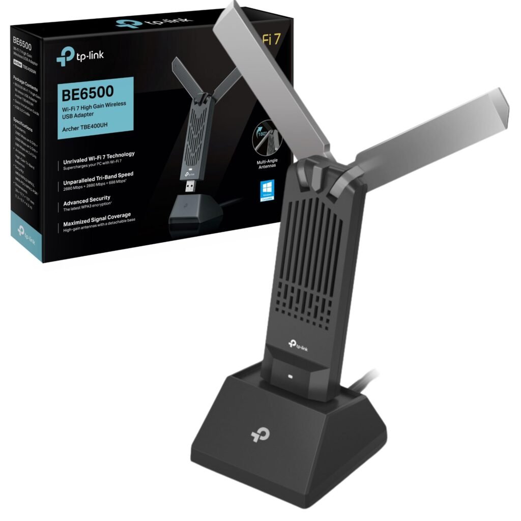 TP-Link Archer TBE400UH Wi-Fi 7 USB adapter with high-gain antennas