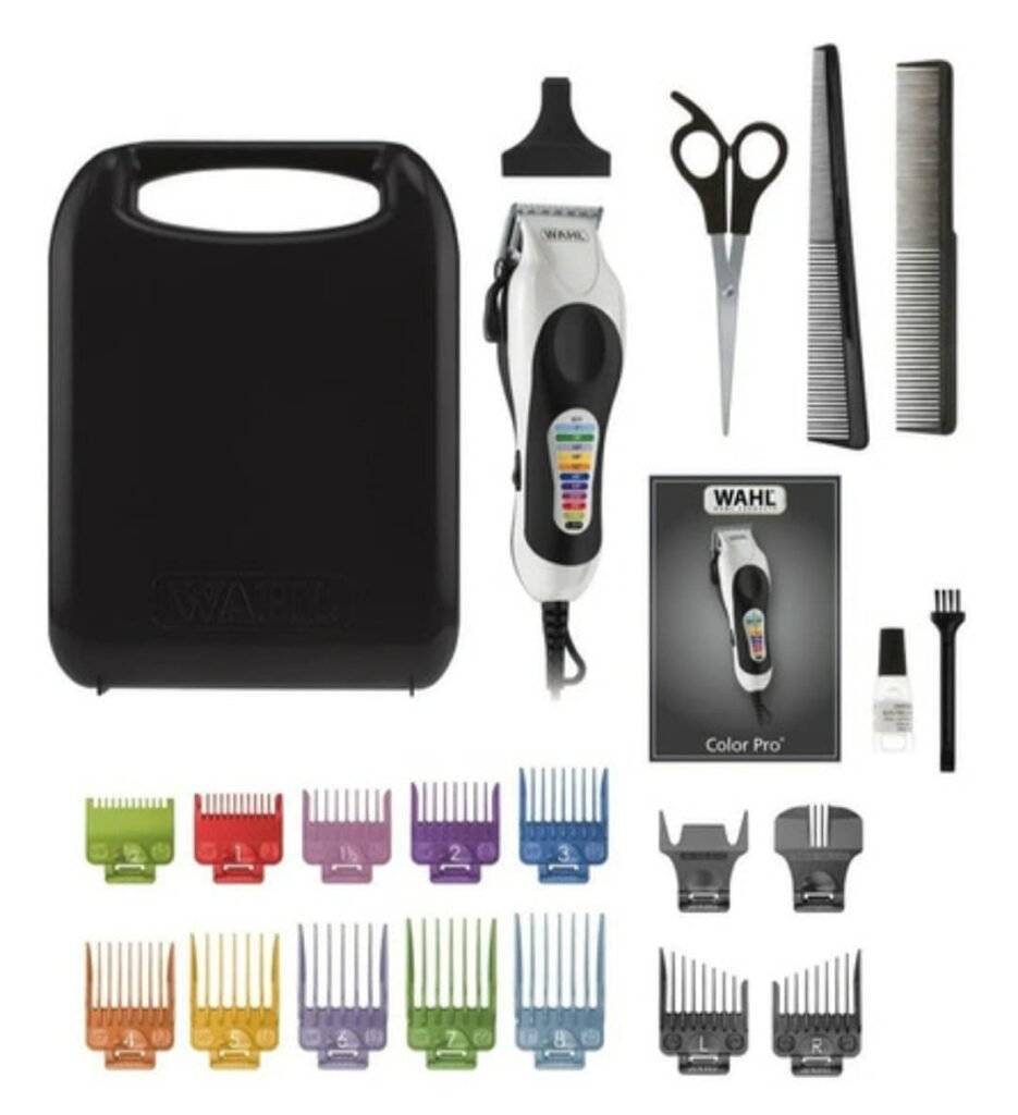 Wahl Color Pro Plus clipper kit with color-coded guide combs laid out for at-home haircuts