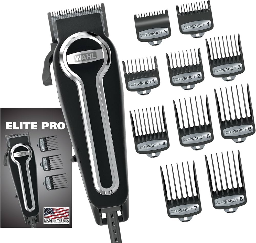 Wahl Elite Pro corded hair clipper kit with guide combs and adjustable taper lever on a home grooming setup