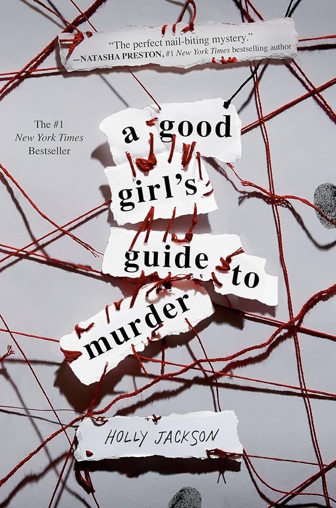 Stack of A Good Girl’s Guide to Murder novels with a red-and-black mystery cover style