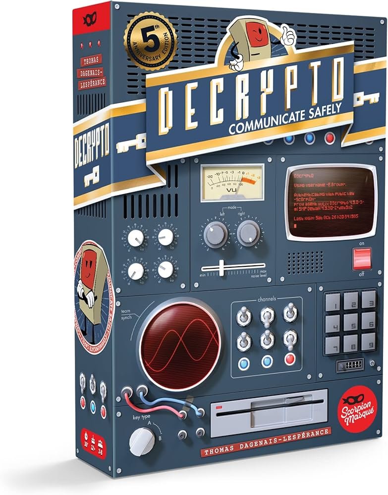 Decrypto board game with code screen, clue cards, and team notepads on a table