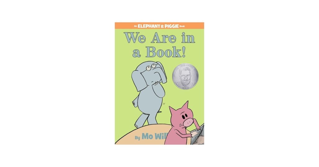 Elephant and Piggie early reader book open on a page with speech bubbles and large text