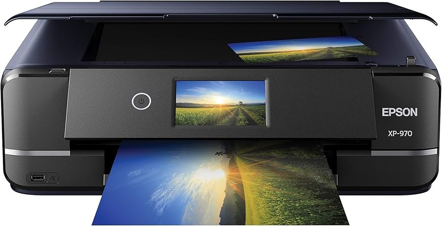 Epson XP-970 compact art printer producing colorful illustration prints