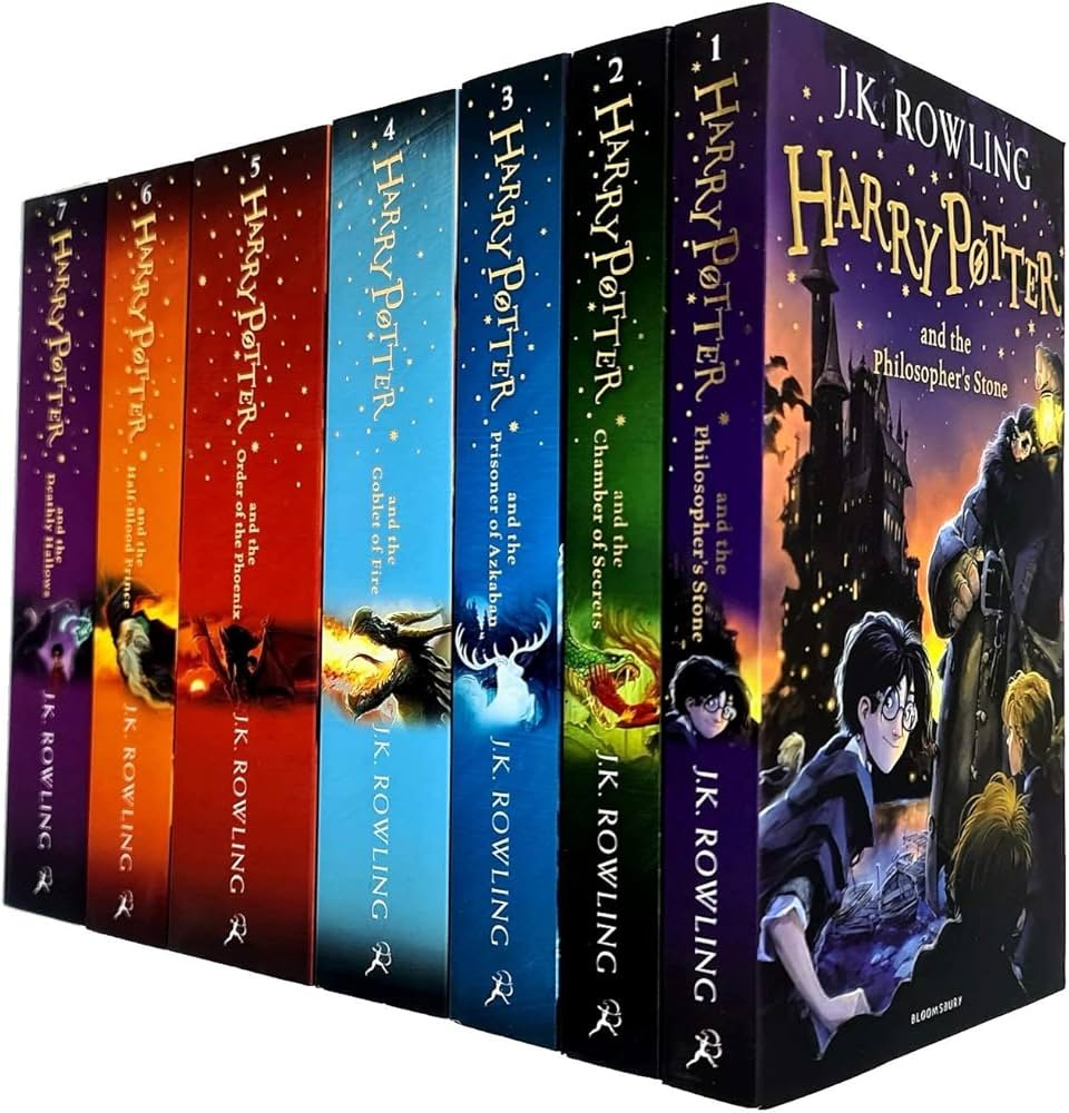 Harry Potter box set with seven spines lined up and a Hogwarts-style design