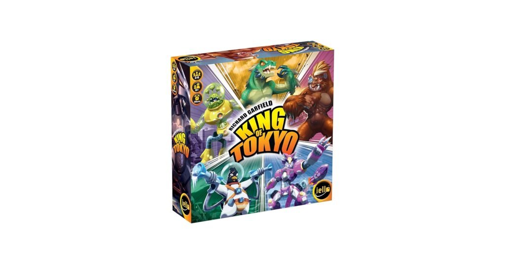 King of Tokyo board game with monster figures, dice, and power cards on the board