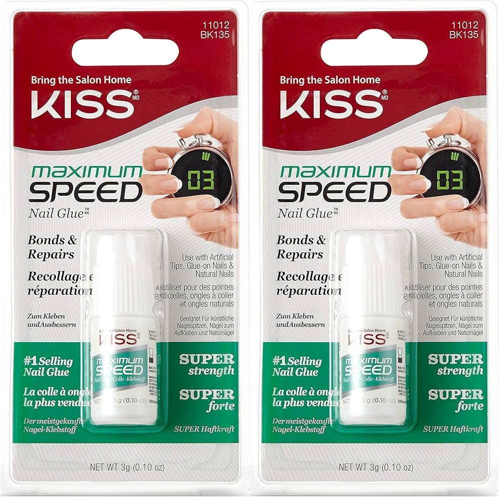 Kiss Speed Nail Glue precision tip bottle beside press-on nails and manicure tools