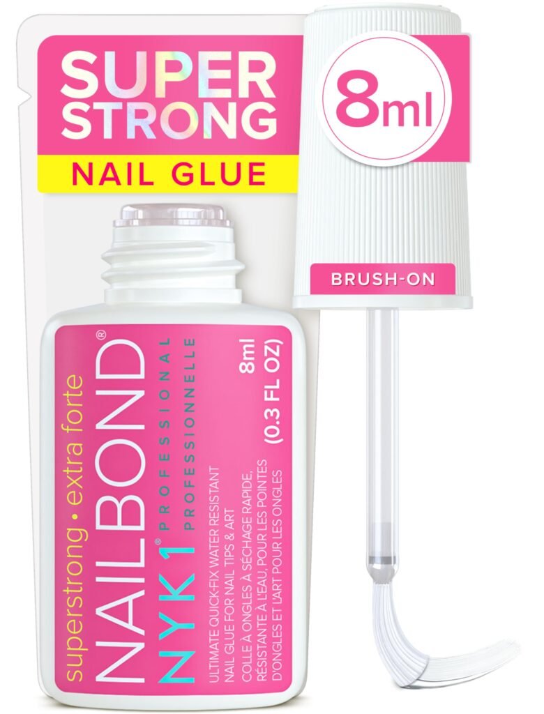 NYK1 brush-on nail glue being applied in a thin layer to a press-on nail tip