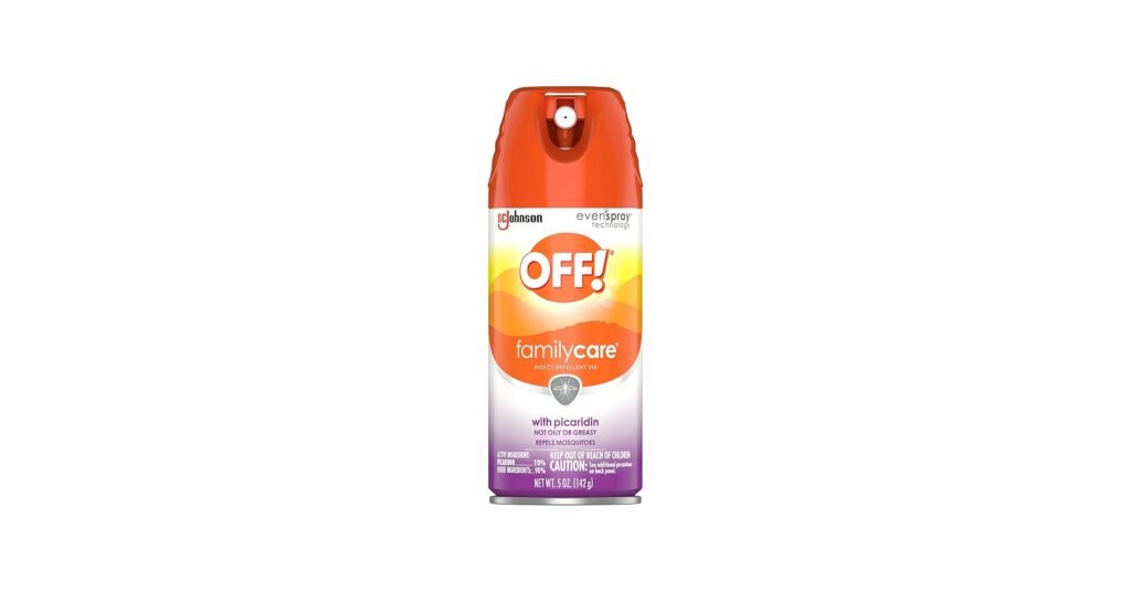 OFF! FamilyCare picaridin spray shown as a best mosquito repellent for skin on a backyard patio