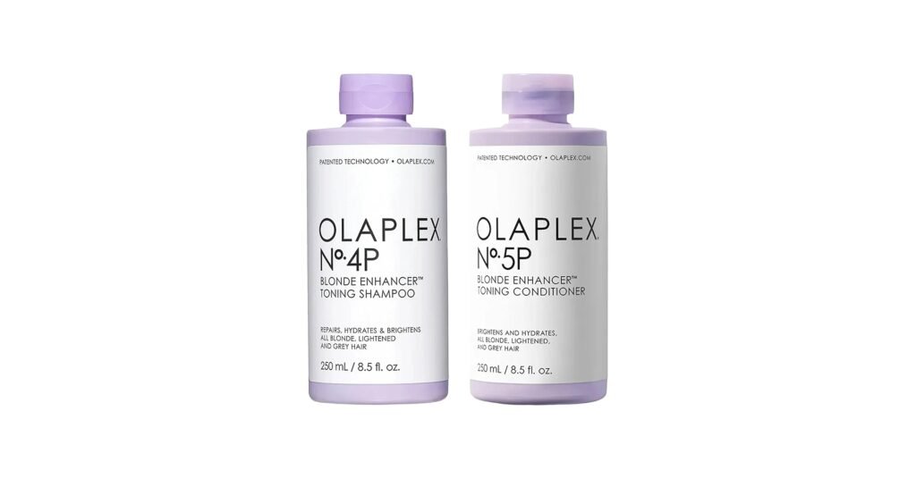 Olaplex No 4P purple shampoo bottle in a bathroom for blonde hair care