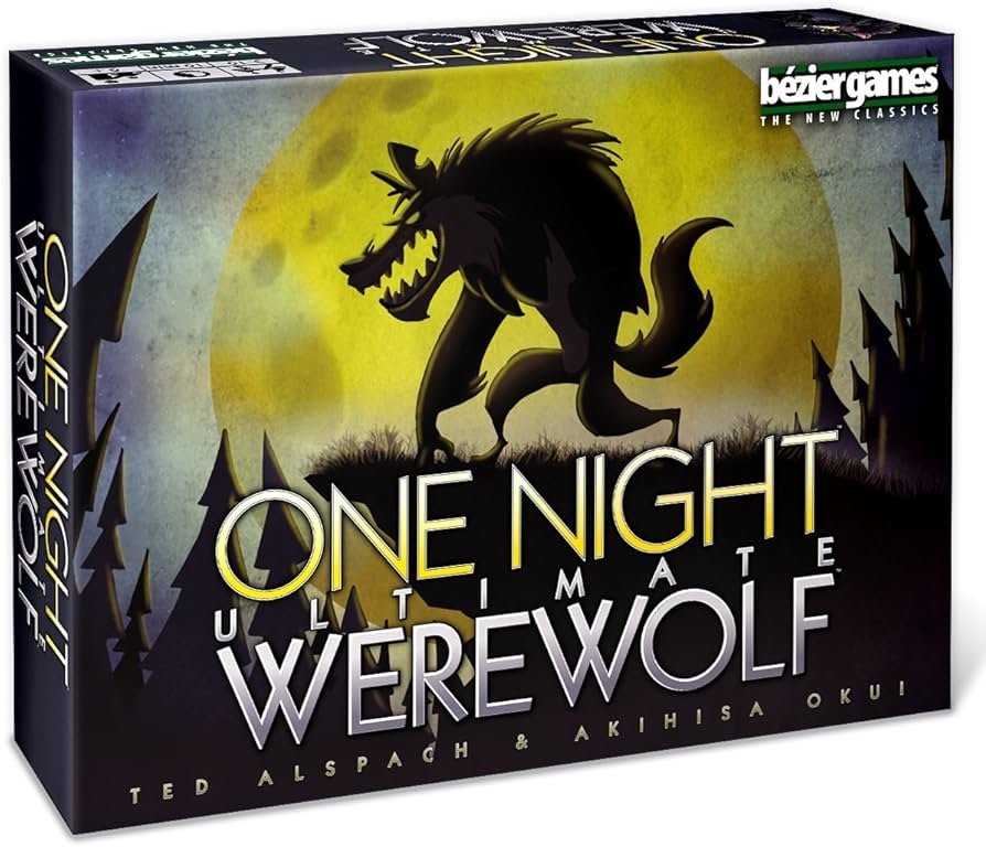 One Night Ultimate Werewolf game cards fanned out with role tokens on a party table