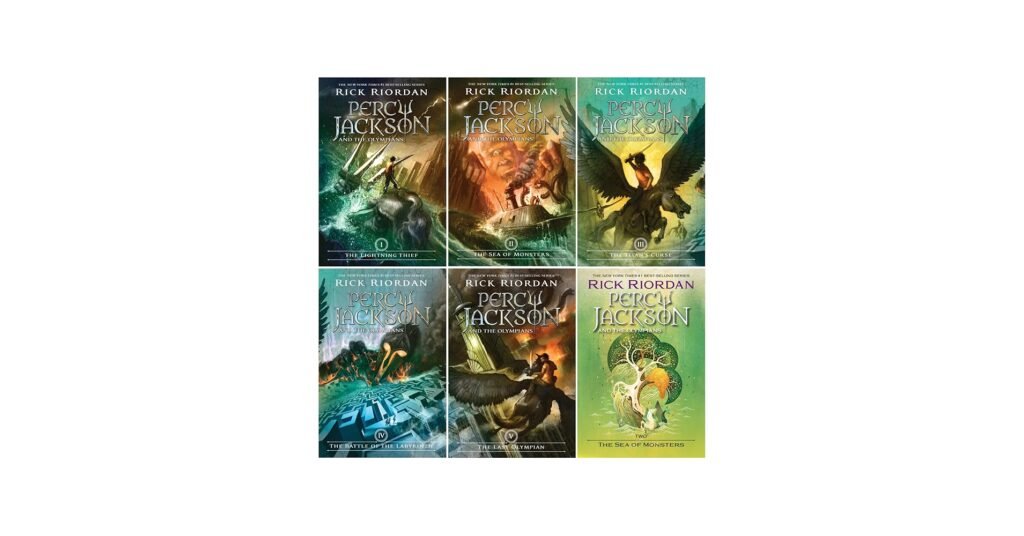 Percy Jackson book set with lightning and myth symbols on the covers