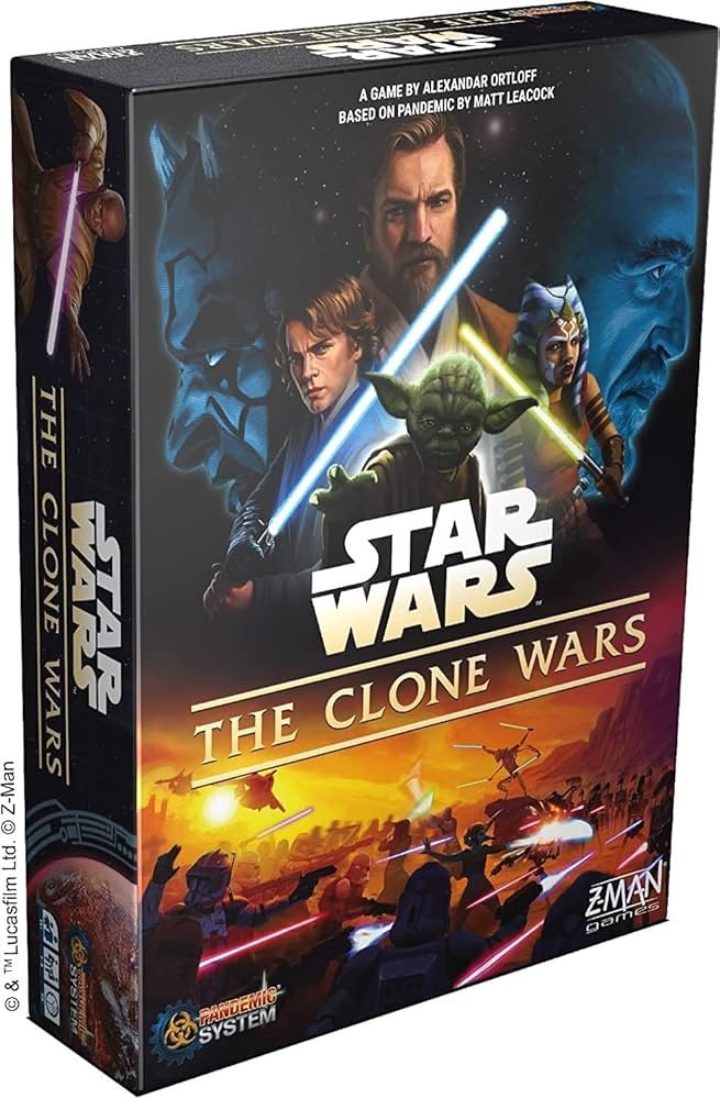 Star Wars The Clone Wars board game with map board, minis, and mission cards laid out