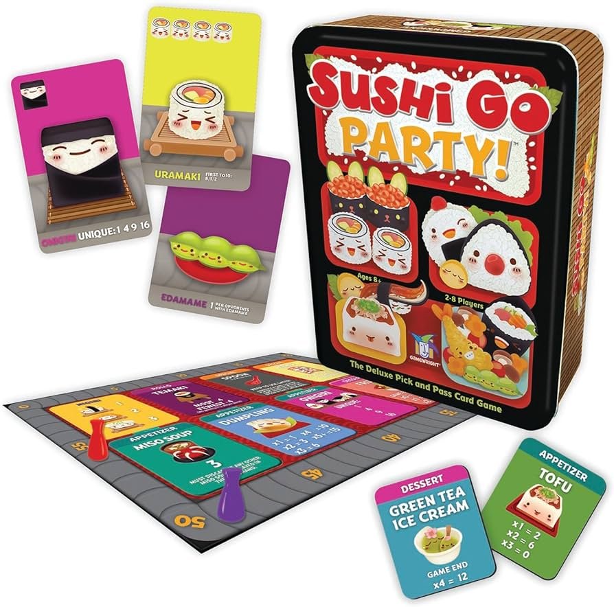 Sushi Go Party cards spread across a table with colorful sushi illustrations