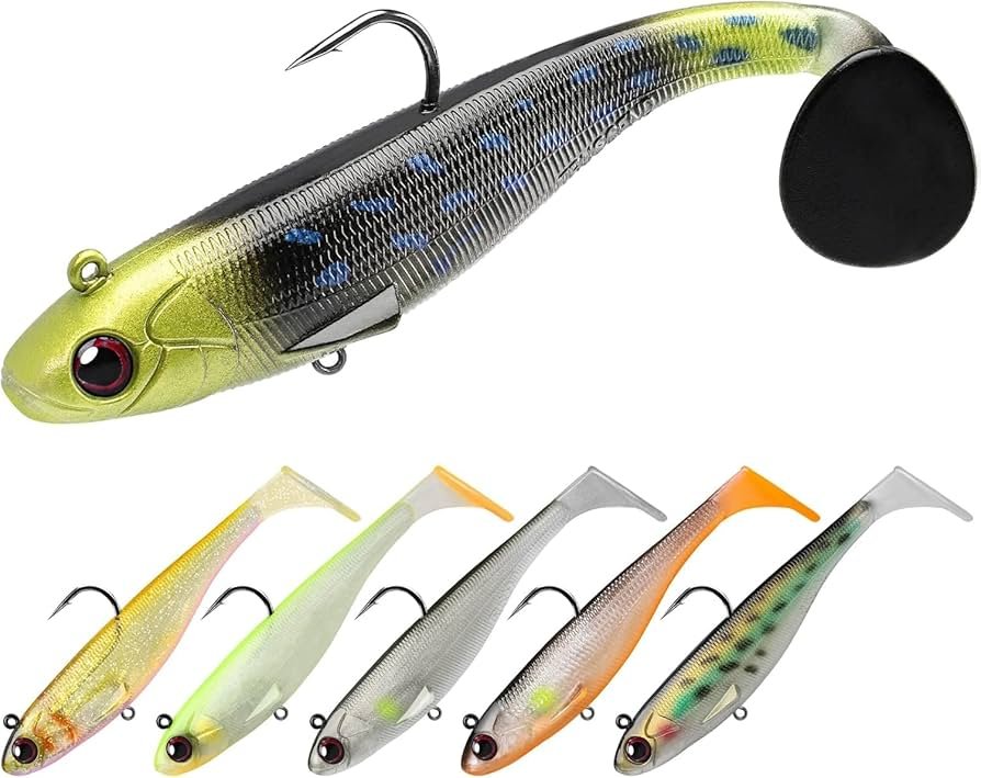 TRUSCEND pre-rigged paddle tail swimbait lure on a jig head for freshwater trout