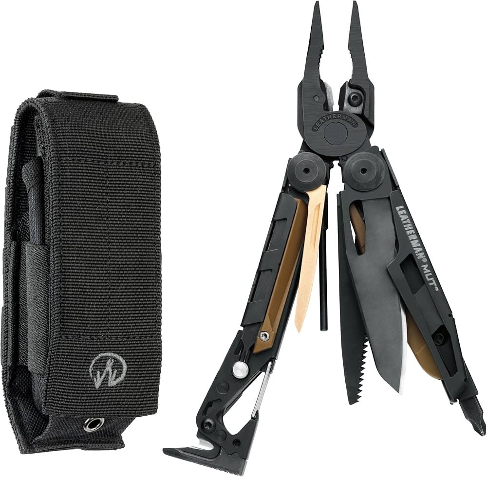 Leatherman MUT EOD multi-tool open with pliers and driver tools in a workshop setting