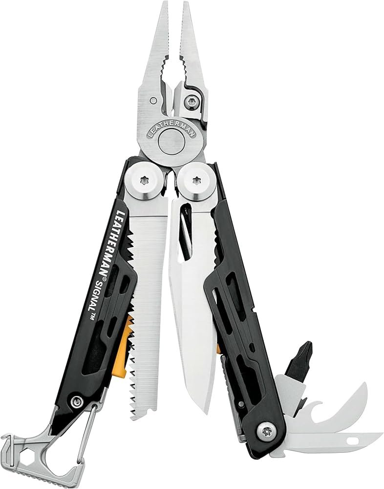 Leatherman Signal multi-tool open on a rock with pliers, blade, and saw visible