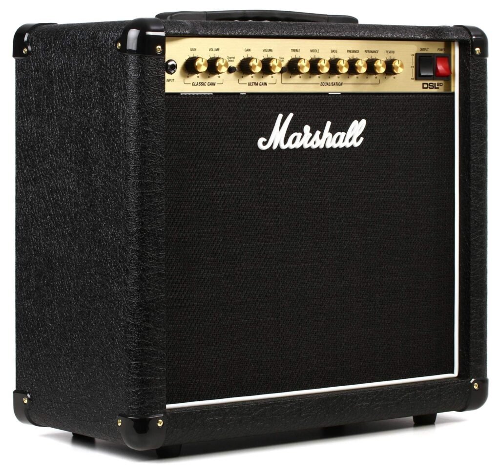 Marshall DSL20CR 20-watt tube combo amp with 1x12 speaker on a home studio floor