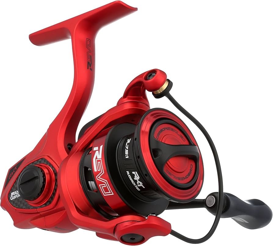 Abu Garcia Revo Rocket high-speed spinning reel for bass, showing the handle and spool.