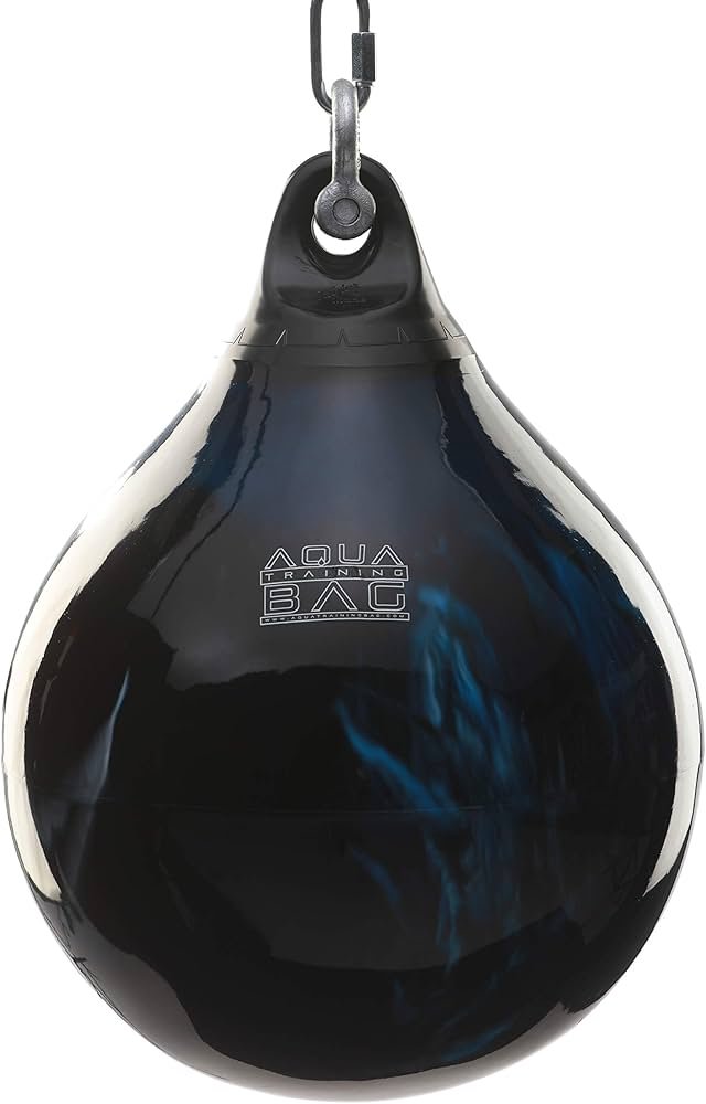 Water-filled Aqua punching bag hanging from a ceiling mount, shown as a beginner-friendly option with softer impact feel.