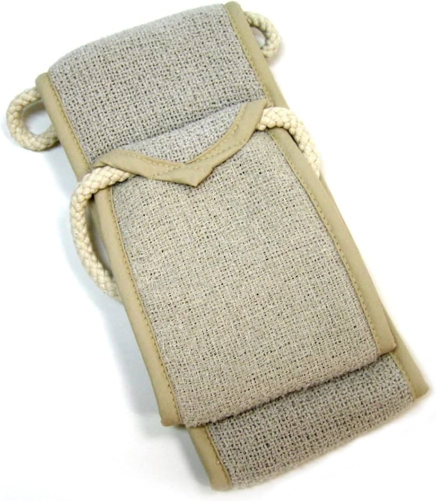 Double-sided back scrubber strap with a long length for pulling across the back during a shower.