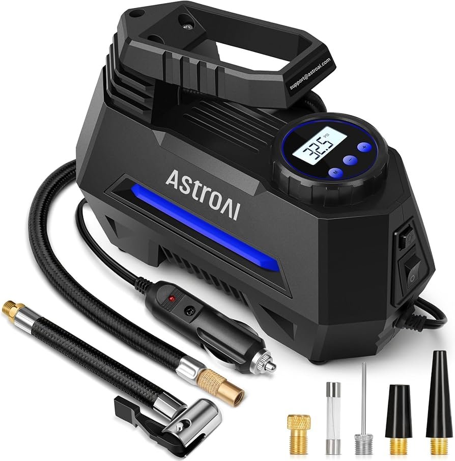 AstroAI 12V portable air pump for car tires with digital screen and compact body for emergency inflation.