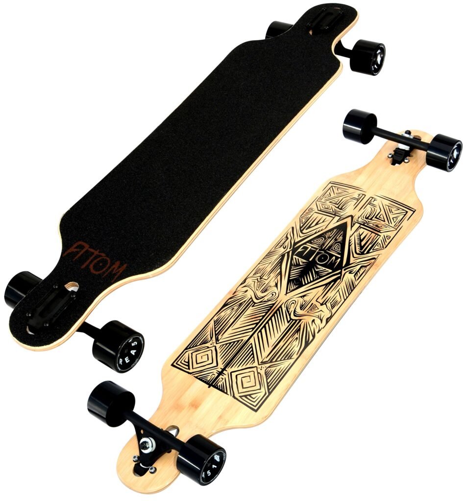 Atom 40-inch drop-through longboard for beginners with a wider deck and a stable setup for learning balance.