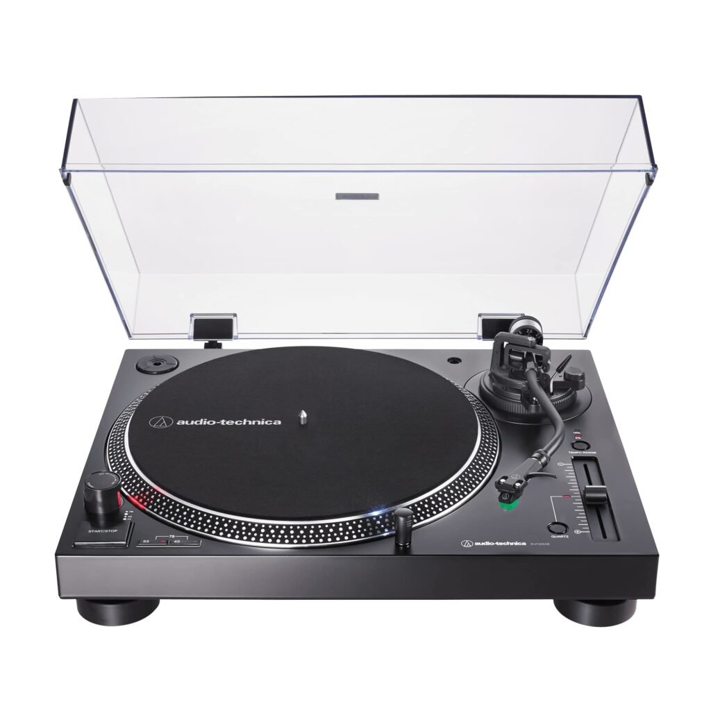 Audio-Technica AT-LP120XUSB direct-drive turntable with pitch control, shown for beginner mixing and steady speed.