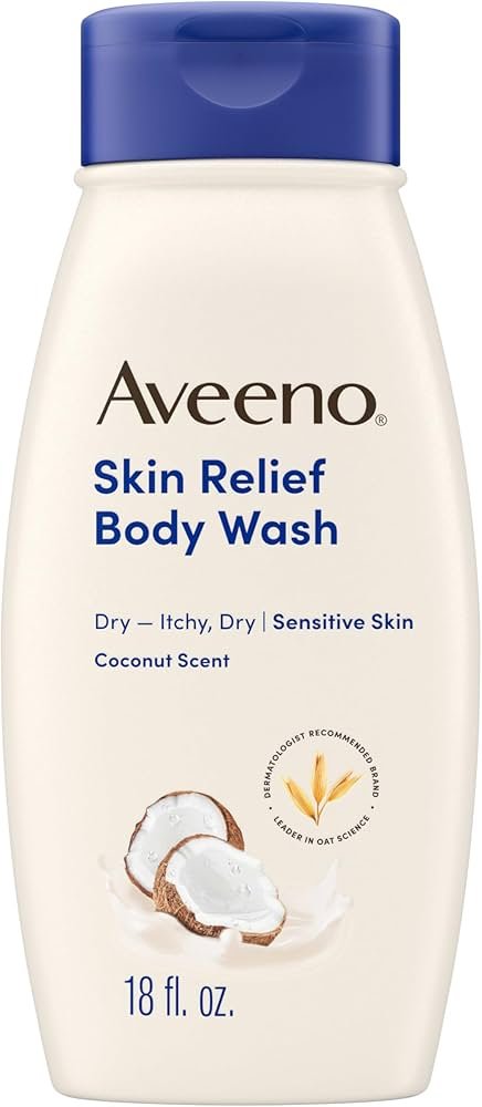 Aveeno Skin Relief body wash bottle for itchy dry skin comfort, made to calm sensitive skin in a 2026 shower routine.