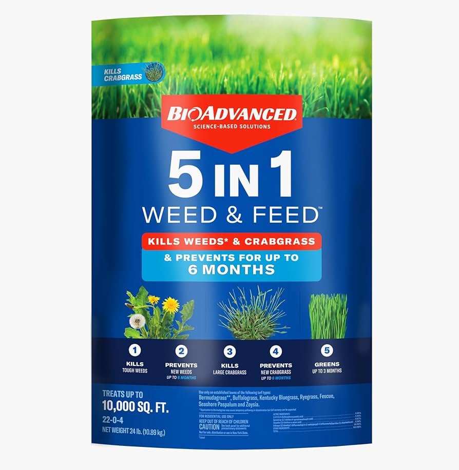 BioAdvanced 5-in-1 weed and feed bag for Bermuda grass lawn care in 2026.
