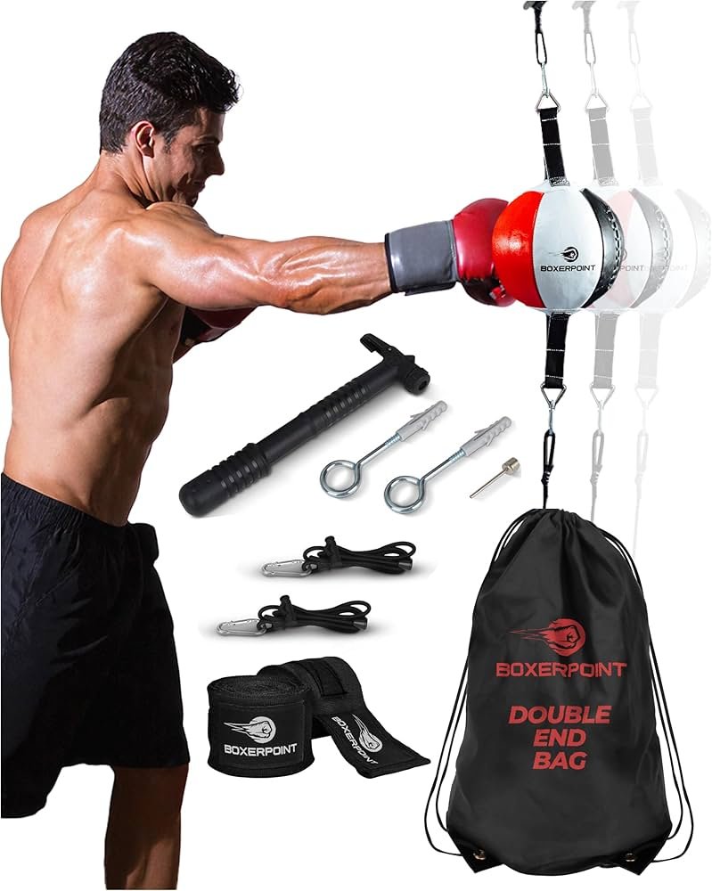 Double-end punching bag mounted floor-to-ceiling, used for beginner speed, rhythm, and accuracy drills.