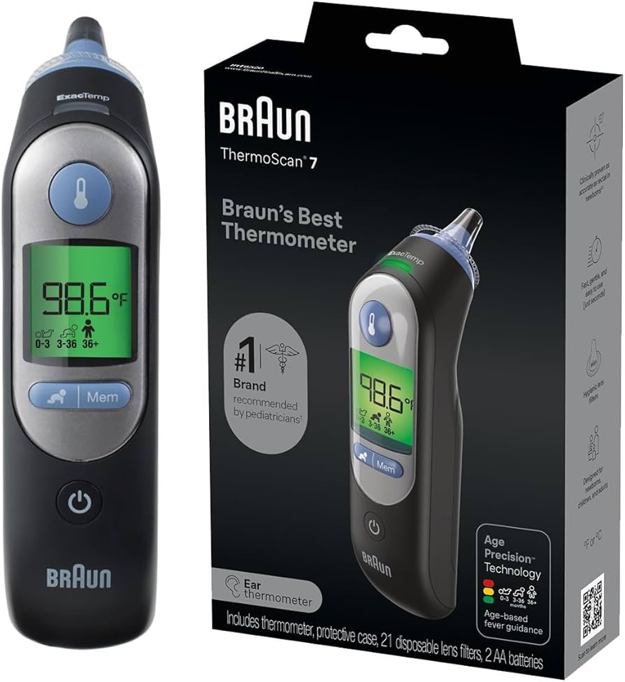 Braun ear thermometer for baby temperature reading, infrared sensor with age setting and large screen.
