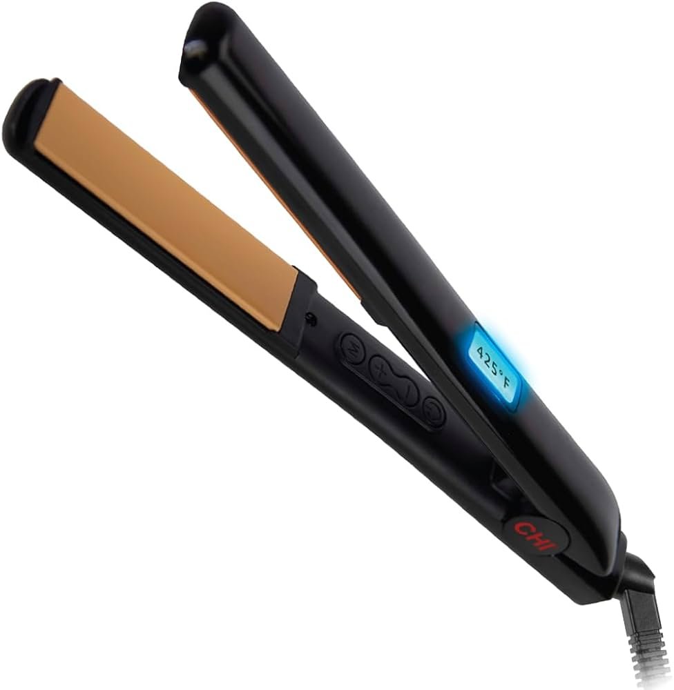 Classic ceramic flat iron styling shoulder-length damaged hair with a smooth, crease-free finish.