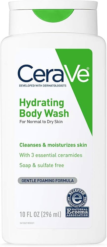 Creamy CeraVe hydrating body wash bottle for itchy dry skin relief and daily gentle cleansing in a 2026 routine.