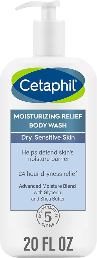 Cetaphil Moisturizing Relief body wash bottle for very dry itchy skin, designed for gentle cleansing and a hydrated feel.