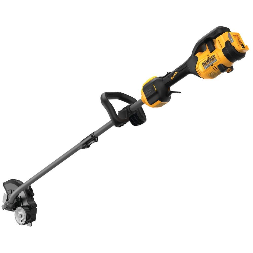 DEWALT 60V cordless lawn edger shaping a crisp edge along a driveway with no power cord.