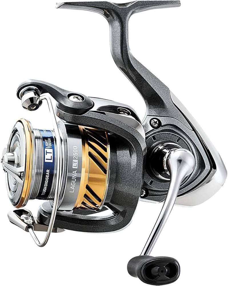 Alt text: Daiwa Laguna LT spinning reel for bass beginners, showing the reel on a rod with the spool visible.