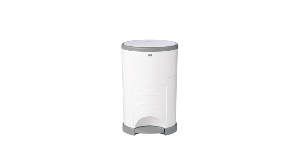 Dekor Plus diaper pail shown with a hands-free pedal and trap door, designed for fast diaper drops and easy bag cutting.