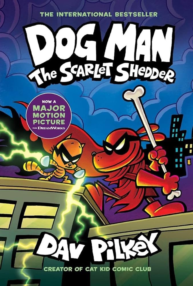 Dog Man graphic novel cover showing a red-tinted Dog Man character in a funny kids comic style.