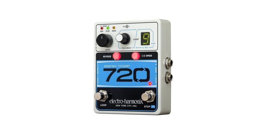 Electro-Harmonix 720 stereo looper pedal shown as a simple guitar looper with clear controls and stereo support.