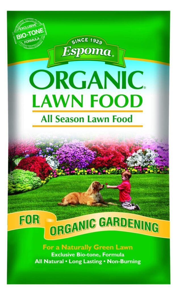Espoma Organic All Season Lawn Food 9-0-0 granular fertilizer bag for spring lawn feeding.