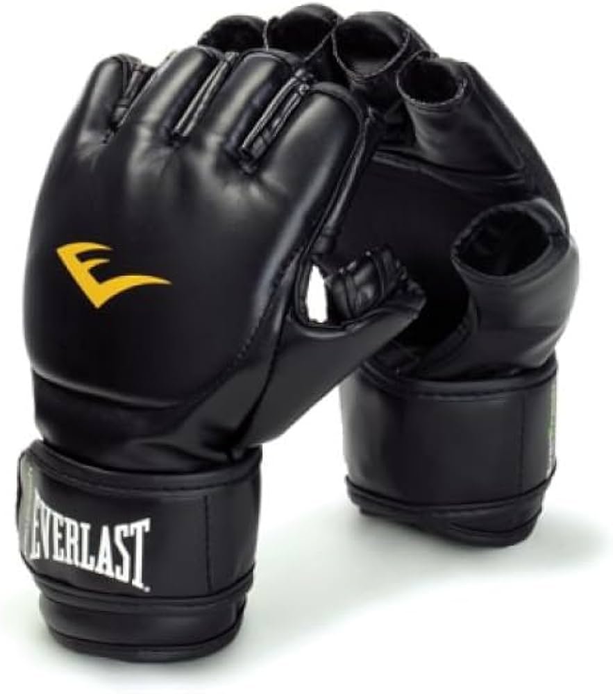Everlast MMA grappling gloves with open palm and light padding, shown for MMA clinch and ground work.